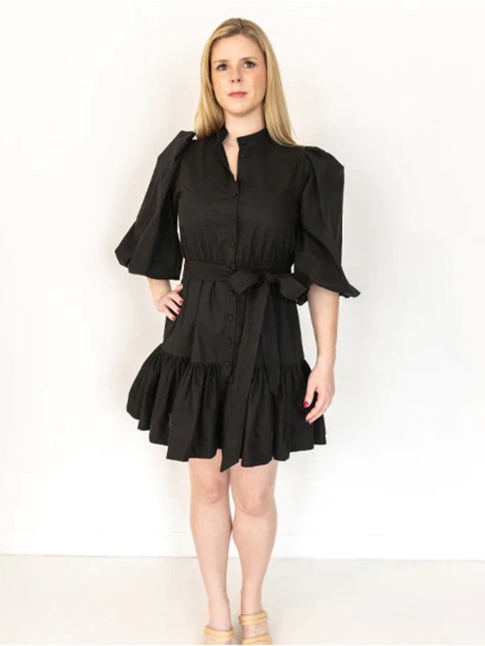 Black Puff-Sleeve Tie-Waist Mini Dress
